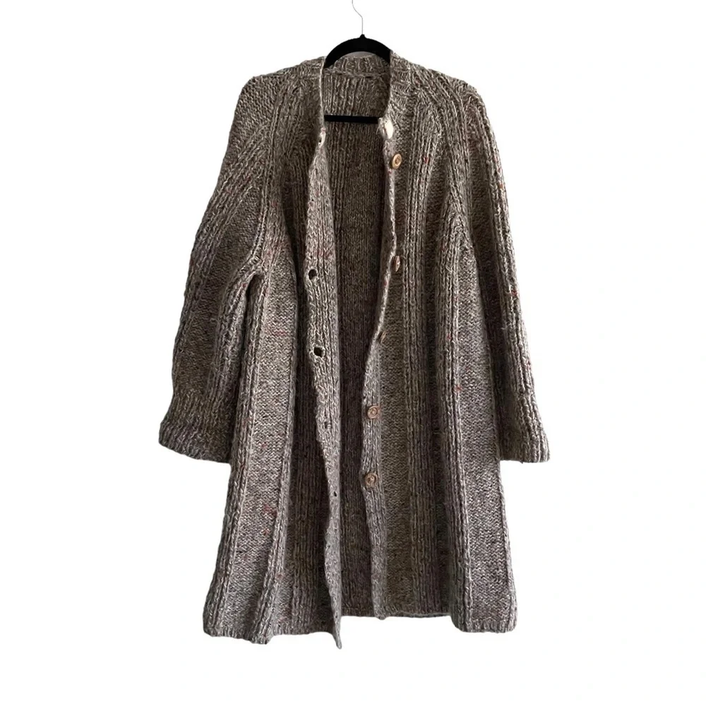 HAND KNIT Wool Button Front Long Cardigan Sweater Coat XL - Picture 3 of 9